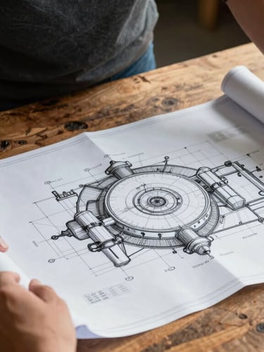 Hands holding detailed industrial blueprints over a rustic wooden table, high-contrast industrial lighting, warm amber and cool slate tones.
