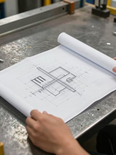 Close-up of hands holding a technical blueprint over a metal workbench, high-contrast industrial lighting, sharp focus on blueprint lines