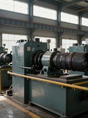 Wide environmental shot of a busy industrial manufacturing plant, natural warehouse light streaming through high windows, heavy machinery in sharp focus, 35mm lens