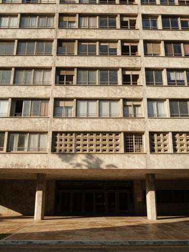 Wide architectural shot of a modernist Brasília apartment building facade, concrete pilotis on the ground floor, geometric cobogó screen casting soft afternoon shadows on the floor, warm sunlight.