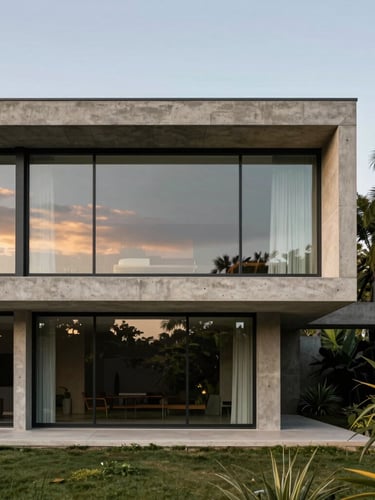 Modernist concrete villa facade in Lago Sul, wide glass windows reflecting the warm afternoon sky, minimal structural columns, tropical garden framing the right side.