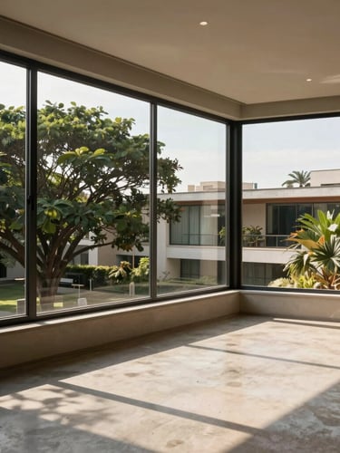 Interior of a high-end Brasília apartment, large modernist windows showing green treetops outside, warm afternoon sun casting geometric shadows, concrete floor.