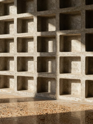 Close-up of concrete cobogó screen, warm afternoon sun casting sharp geometric shadows on a polished terrazzo floor inside a Brasília apartment.