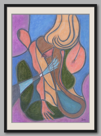 Stylized abstract figure with elongated limbs and flowing hair; warm oranges and browns interlock wi