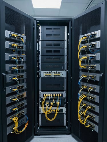 Wide shot of a dense AI server rack bay, overhead fluorescent lighting casting sharp shadows on blade servers and fiber patch panels, rows of optical transceivers visible in their cages, deep navy and grey tones, no people
