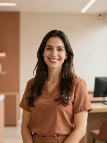 Portrait of a friendly, professional APN Informática team member, mid-shot, smiling warmly, in a local retail environment in Vale do Ribeira, soft natural daylight, terracotta and sand tones.