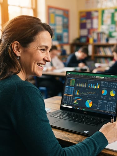 Close-up over-the-shoulder shot of a teacher smiling while looking at a vibrant Excel dashboard on a laptop, warm amber lighting, sharp focus, 35mm