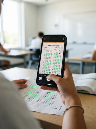 Close-up over-the-shoulder shot of a modern smartphone screen actively scanning a paper bubble sheet exam with green digital overlays, vibrant tech photography, bright high-contrast lighting, clean modern setting, sharp focus, 35mm