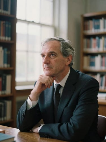 Dignified portrait of an academic leader in deep thought, sitting in a quiet library with soft diffused window light, editorial film photography.