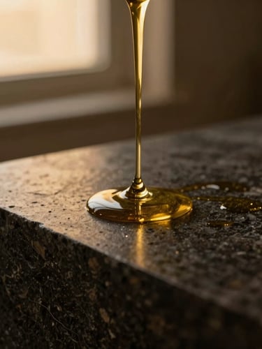 Macro shot of golden oil slowly trickling down a dark basalt stone, warm low-key lighting, soft shadows, 35mm.