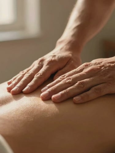 Macro close-up of skilled hands performing deep tissue massage on a shoulder, warm golden-hour light, soft shadows, shallow depth of field, 35mm.