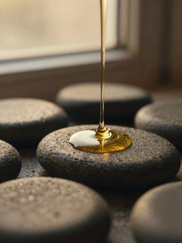 Macro close-up of warm golden oil trickling onto smooth basalt stones, soft shadows, warm golden-hour window light, rich muted earth tones, 35mm
