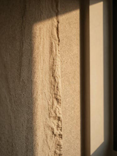 Macro detail of warm golden-hour light casting soft shadows on a minimalist textured stone wall with draped linen, shallow depth of field, warm editorial photography, 35mm