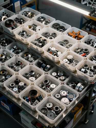 Overhead shot of a well-organized automotive parts inventory area, labeled bins and OEM parts laid out on a steel workbench, even workshop light from above, no people visible, precise and orderly