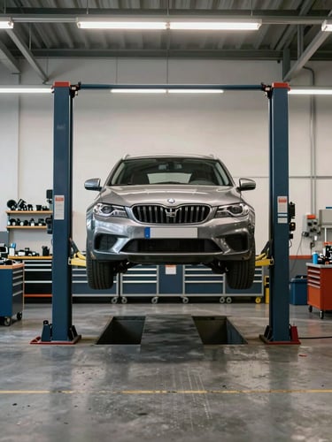 Straight-on view of a clean Berlin automotive workshop interior, a vehicle raised on a hydraulic lift in the center, organized tool cabinets and parts shelving along the back wall, even overhead fluorescent lighting casting no harsh shadows