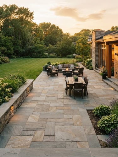 Elevated wide angle of a completed premium stone patio at golden hour, dry-laid flagstone with tight joints, clean architectural lines bordering a lush green lawn, warm sunlight casting long soft shadows, 35mm architectural photography.