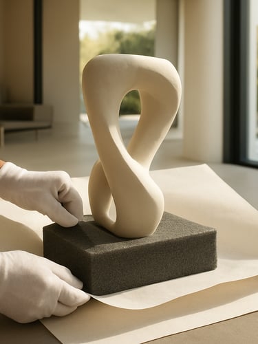 Gloved hands carefully wrapping a high-value contemporary sculpture in custom protective foam and thick archival paper inside a clean modern villa
