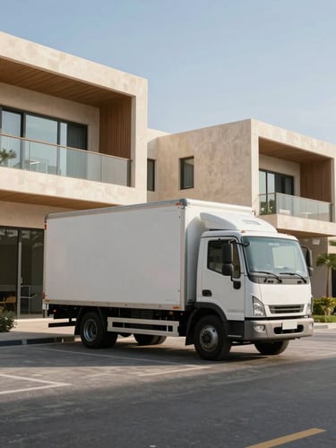 A premium closed-box transport truck parked outside contemporary Saadiyat Island villa architecture, bright morning UAE sunlight, clean composition with generous negative space