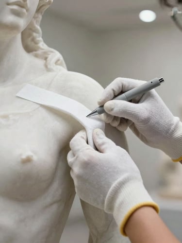 Close-up of gloved hands carefully wrapping a classic marble sculpture in specialized white protective foam, clean indoor gallery lighting, sharp focus on texture