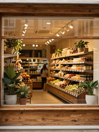 Warm editorial photography of a boutique grocery storefront in Kadıköy Moda, wooden frame, large glass window showing warm interior lights, plants outside, daytime