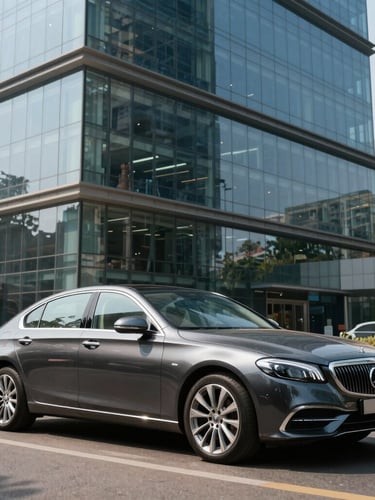 A premium dark metallic sedan parked outside a modern glass corporate office building in Mumbai during bright daylight, sharp clean lines, architectural reflections