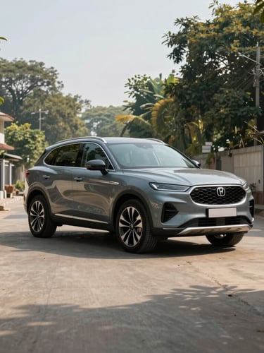 A modern premium SUV parked on a clean concrete driveway in South Delhi, bright morning sunlight casting crisp shadows, wide-angle cinematic shot