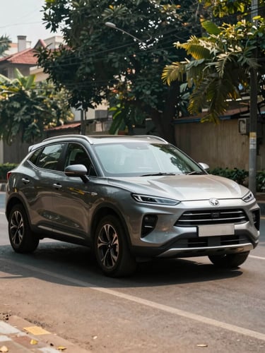A sleek modern SUV parked on a clean urban boulevard in Bangalore during bright morning daylight, cinematic road-trip aesthetic, rich saturated tones.