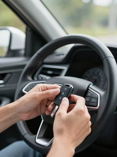 A close-up shot of a driver's hands holding a clean car key, with a modern vehicle steering wheel and clean dashboard visible in the soft-focus background, natural daylight.