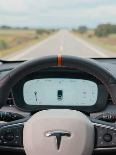 Close-up of a modern car steering wheel and clean digital dashboard, bright natural daylight, rich saturated tones, cinematic road-trip aesthetic.