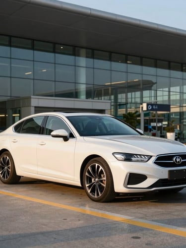 A clean premium sedan parked at an airport terminal drop-off zone under golden hour light, modern glass architecture in the background