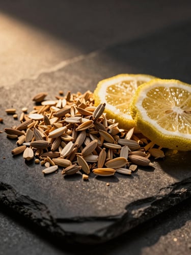 Close-up of raw perfume ingredients like crushed vetiver and sliced bergamot on a dark slate, dramatic studio lighting, golden hour highlights, 85mm lens