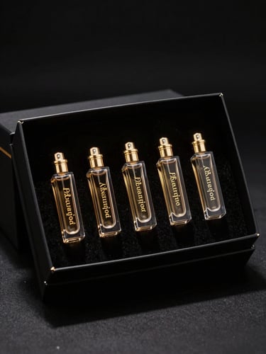 A luxurious presentation box containing seven miniature glass perfume bottles, gold lettering, high contrast black background, dramatic studio lighting