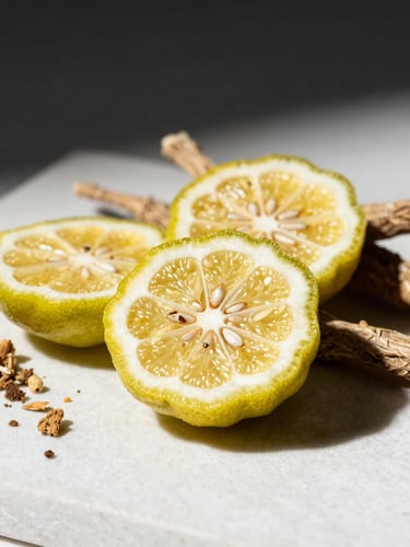 Close-up macro of raw perfume ingredients, sliced bergamot and crushed vetiver roots on a minimalist white stone surface, elegant side lighting, sharp shadows