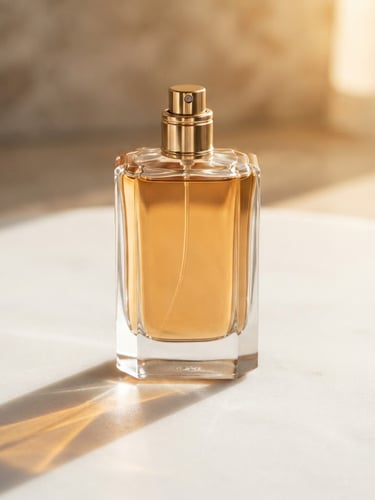 Macro product photography of a sleek glass perfume bottle casting a sharp, elegant shadow on a pristine white surface, dramatic golden hour highlights, 85mm lens, high-end editorial.