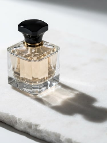 Sleek glass perfume bottle of ALLUMERE casting sharp, elegant shadows on a minimalist white stone surface, dramatic studio lighting, high-end editorial photography, 85mm lens