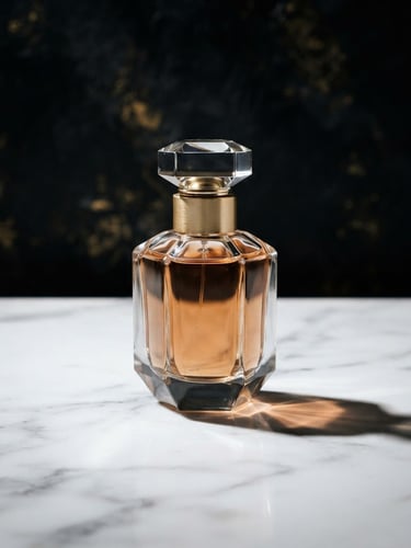 Sleek glass perfume bottle casting sharp, elegant shadows on a white marble surface, dramatic studio lighting, gold accents, high-end editorial, 85mm lens