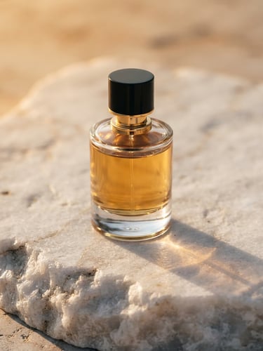 Macro premium shot of a sleek glass perfume bottle casting a sharp shadow on a white textured stone surface, warm golden hour light, 85mm lens