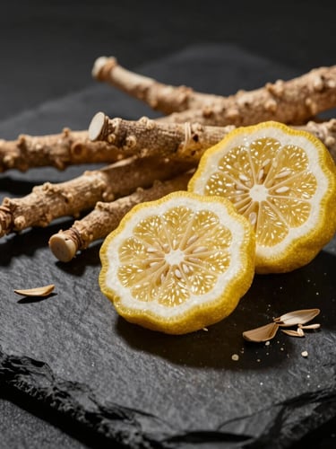 Dramatic close-up of raw perfume ingredients, sliced bergamot and crushed vetiver roots on a dark slate background, sharp directional shadows, editorial studio lighting