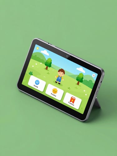 Isometric 3D render of an Android tablet displaying a colorful educational game, soft green and slate gray tones, crisp studio lighting