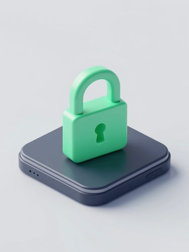 Isometric 3D render of a secure mobile interface, soft green glowing lock icon, clean slate gray background, studio lighting