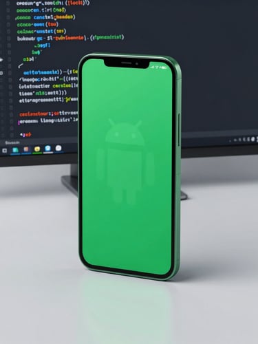 Crisp macro shot of a high-fidelity Android device mockup on a clean developer desk, vibrant tech-green and deep slate tones, sharp focus on clean code editor in background