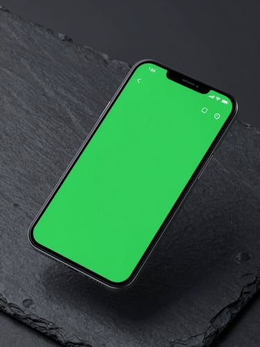 Isometric 3D render of a clean Android smartphone mockup floating over a dark slate surface, vibrant tech-green glowing accents on the screen interface, crisp studio lighting, sharp focus, high-contrast composition