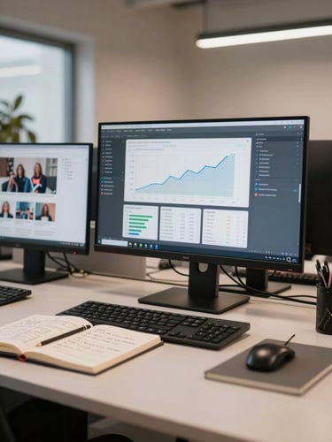 Wide environmental shot of a modern agency workspace at eye level — a large monitor displaying a live analytics dashboard with growth curves and campaign metrics, a second screen showing a social media ad set in production, a notebook with handwritten campaign framework visible to the left foreground, clean indoor ambient lighting with soft warm tones, no people, no faces, strategic tools in motion