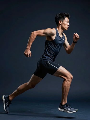 Dynamic athletic photography of a runner in sharp focus, high-contrast cool studio lighting, deep navy background, dramatic side-lighting