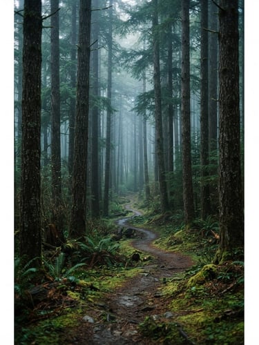 Vertical portrait of a quiet misty forest path winding through towering pine trees, soft filtered morning light, mossy ground, deep green tones, editorial photography style