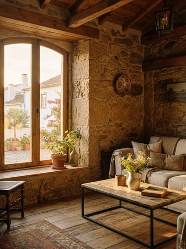 Sun-drenched Portuguese interior featuring natural stone walls, warm wood detailing, and golden-hour light streaming through a tall window, 35mm photography