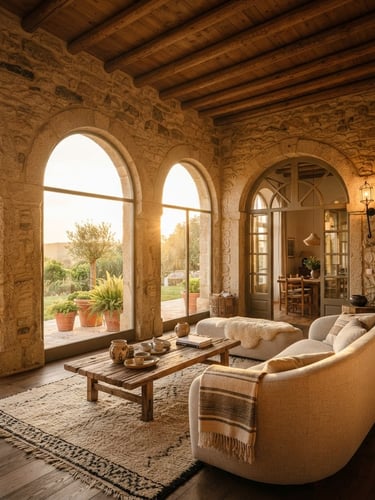 Warm editorial photography of a modern Portuguese villa interior with natural stone walls, golden-hour sunlight streaming through arched windows, wide angle, 35mm.