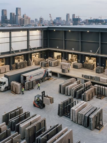 High-angle technical architectural shot of a clean industrial warehouse loading bay in Shanghai, soft natural side-light highlighting stacked quartz slabs, 35mm