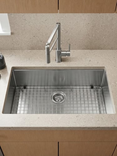 High-angle technical architectural shot of a modern undermount stainless steel kitchen sink integrated into a warm stone quartz countertop, crisp studio lighting, sharp focus, 35mm