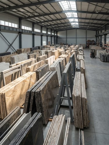 High-angle technical architectural shot of raw premium quartz slabs stacked in a clean, modern Shanghai warehouse, crisp side lighting highlighting fine veining, warm stone beige and charcoal gray tones, sharp focus.